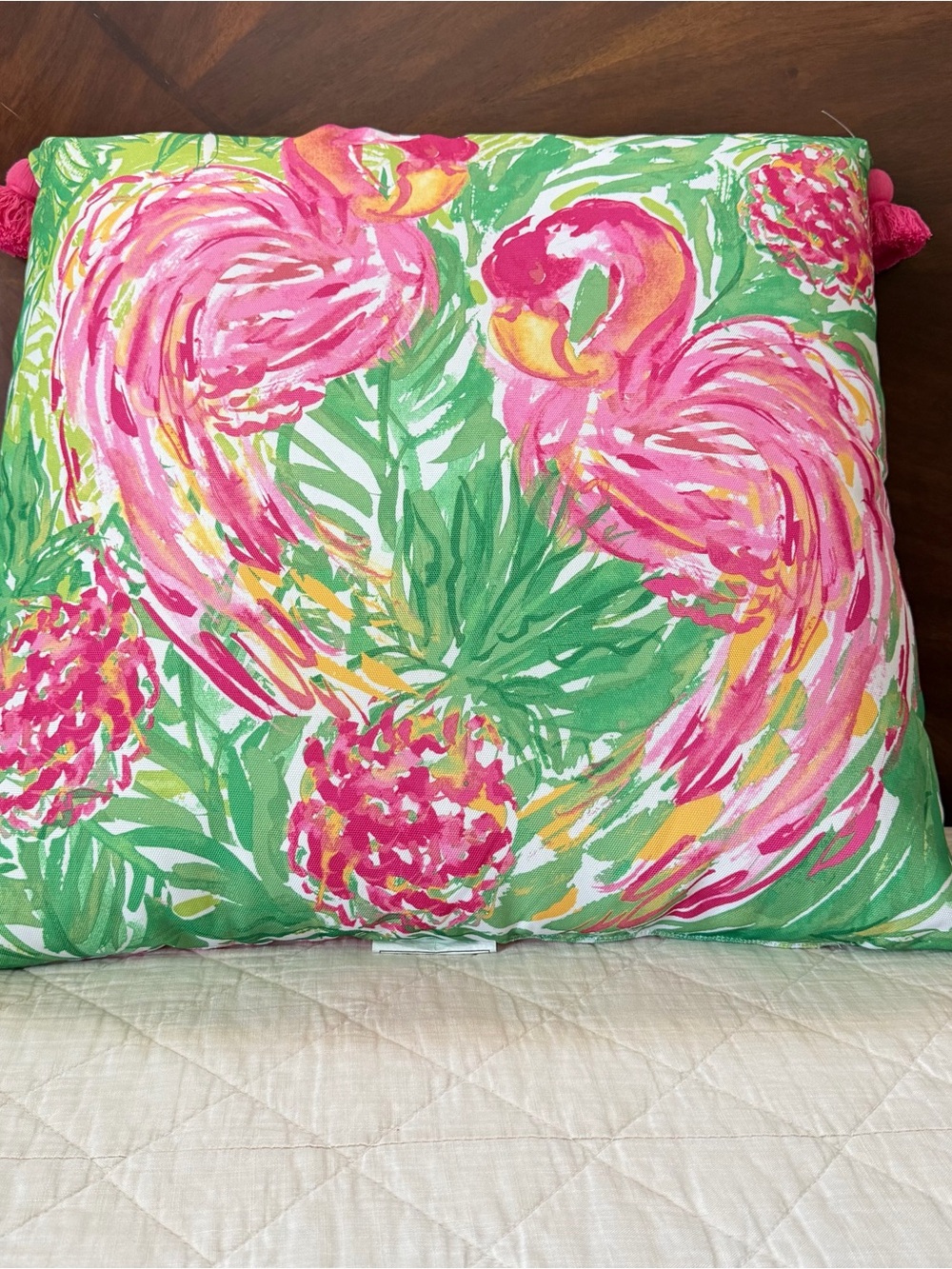Lilly Pulitzer Flamingo Tassel Throw Pillow 24x24 Tropical Pink Green Decor - Picture 4 of 11